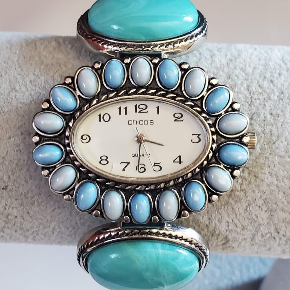 Chicos Womens Silver Tone Turquoise Blue Faux Stone Cuff Bangle Watch Running